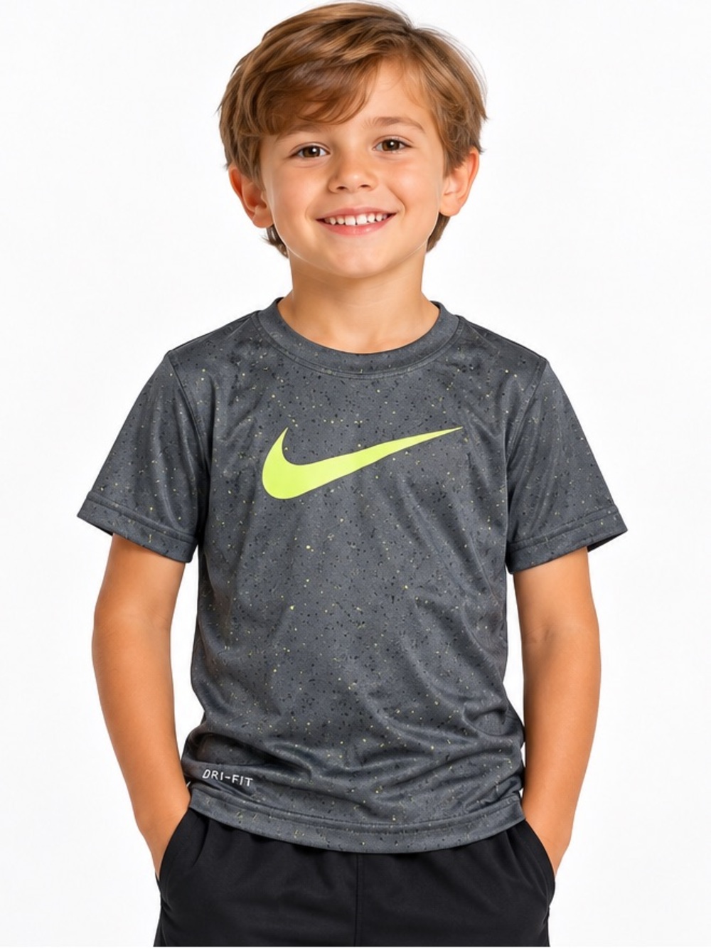 NIKE Gray Speckled Tee with Neon Yellow Swoosh